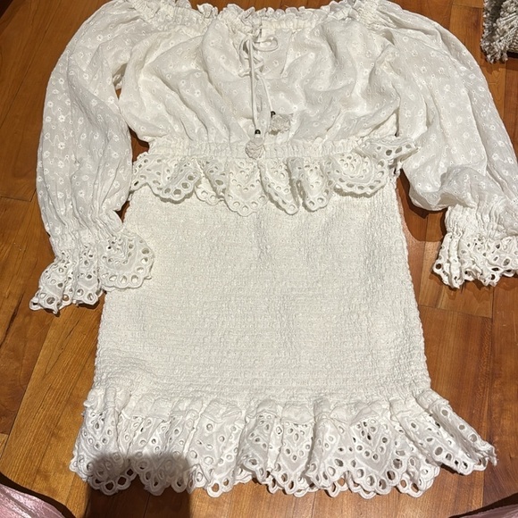SPELL & the gypsy co white Mini dress Chain Ruched smocked eyelet sleeves - Picture 8 of 16